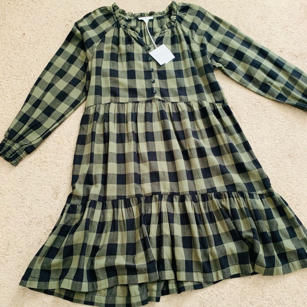 Green and Black Plaid Long Sleeve Dress
